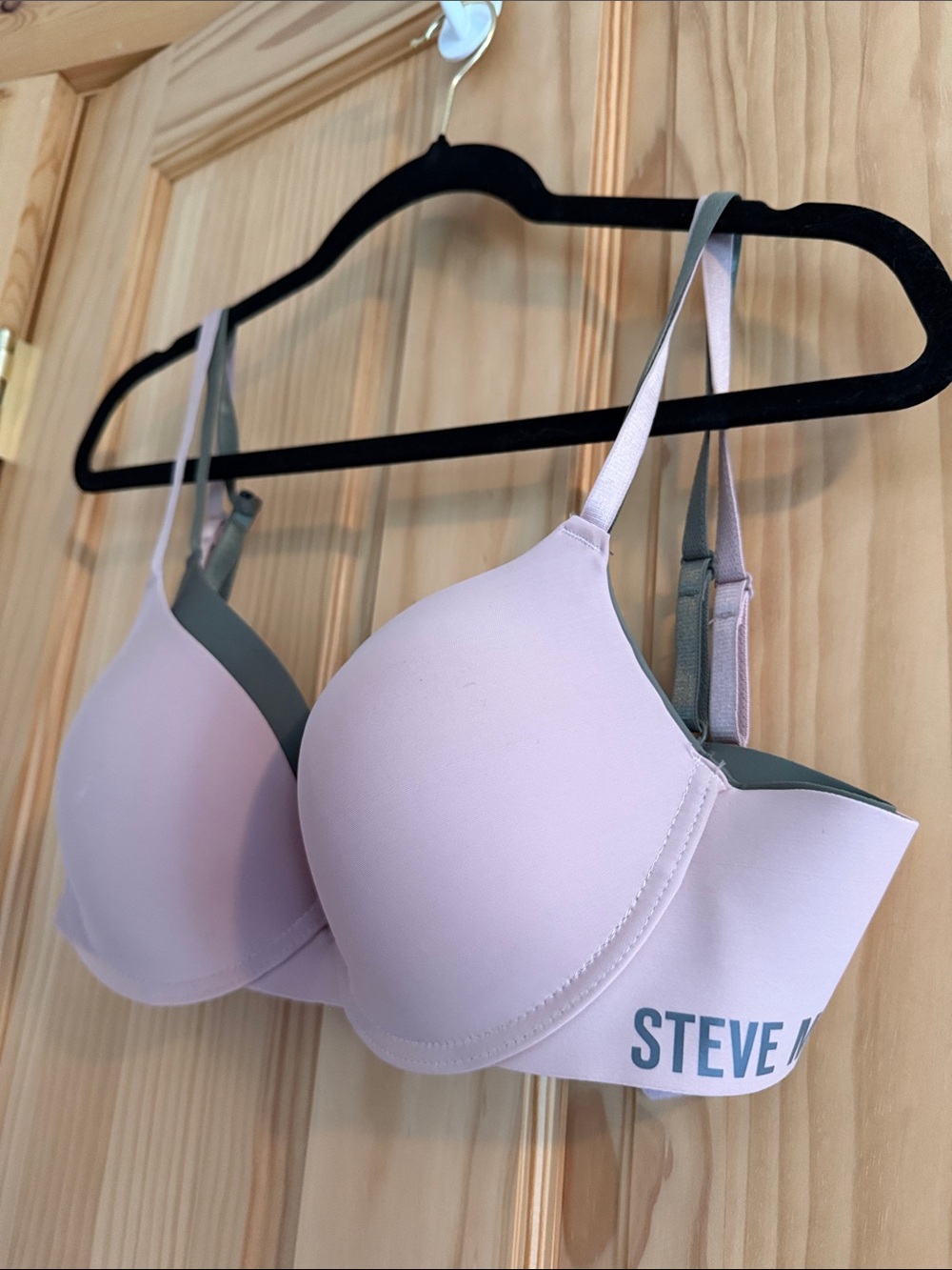 Steve Madden Light Pink and Forest Green Set Padded T-Shirt Bra with Gray Trim